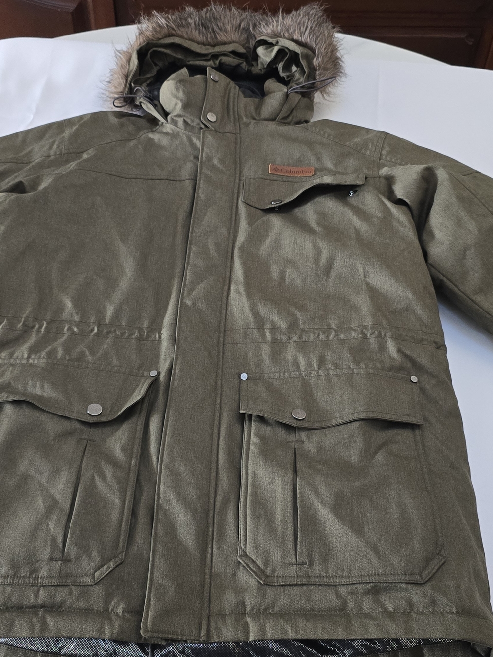 Columbia Olive Green Hooded Parka with Faux Fur Trim
